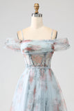 Robe de soirée longue corset longue à épaules froides imprimée bleu A-ligne avec fente