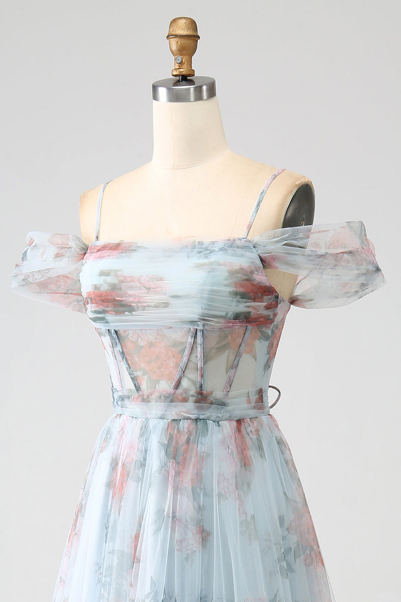 Charger l&#39;image dans la galerie, Robe de soirée longue corset longue à épaules froides imprimée bleu A-ligne avec fente