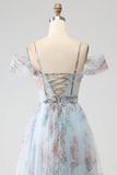 Robe de soirée longue corset longue à épaules froides imprimée bleu A-ligne avec fente