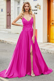 Fuchsia A Line Spaghetti Bretelles Longue Robe de Soirée avec Appliques