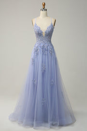Bretelles Spaghetti A Line Violet Clair Long Soirée Robe avec Entrecroisement Retour