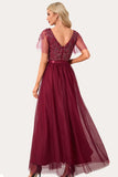 Robe de Soirée longue en tulle perle bordeaux scintillante