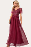 Robe de Soirée longue en tulle perle bordeaux scintillante