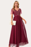 Robe de Soirée longue en tulle perle bordeaux scintillante