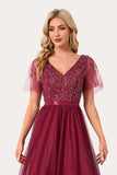 Robe de Soirée longue en tulle perle bordeaux scintillante