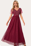 Robe de Soirée longue en tulle perle bordeaux scintillante