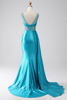 Turquoise sirène col en V balayage train plissé Corset perlé robe de bal