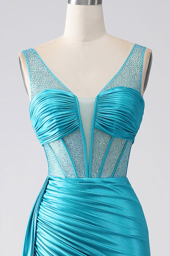 Turquoise sirène col en V balayage train plissé Corset perlé robe de bal