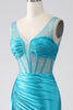 Charger l&#39;image dans la galerie, Turquoise sirène col en V balayage train plissé Corset perlé robe de bal