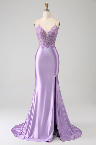 Élégante sirène bretelles spaghetti lilas longue robe de soirée avec fente appliques