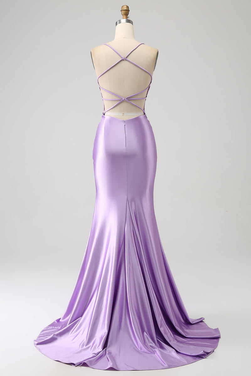 Charger l&#39;image dans la galerie, Élégante sirène bretelles spaghetti lilas longue robe de soirée avec fente appliques