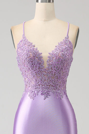 Élégante sirène bretelles spaghetti lilas longue robe de soirée avec fente appliques