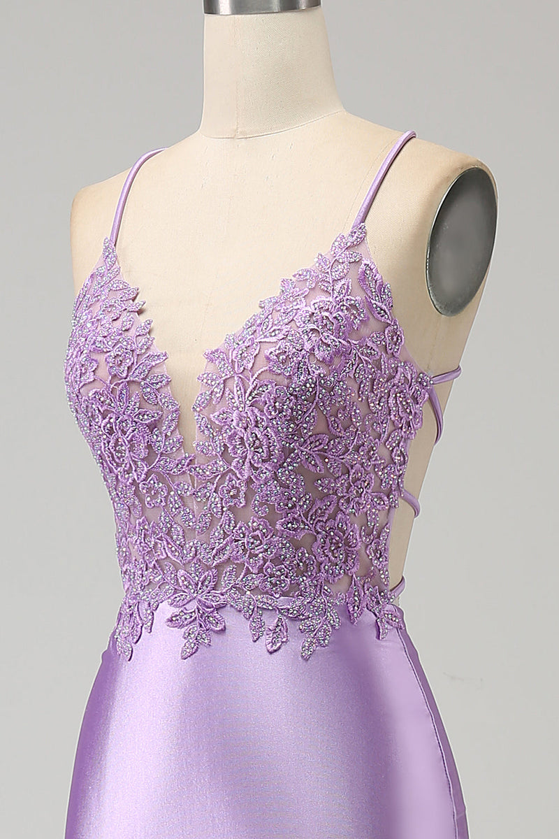 Charger l&#39;image dans la galerie, Élégante sirène bretelles spaghetti lilas longue robe de soirée avec fente appliques
