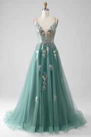 Robe de soirée longue à bretelles spaghetti trapèze verte avec appliques à paillettes scintillantes