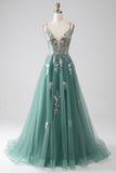 Robe de soirée longue à bretelles spaghetti trapèze verte avec appliques à paillettes scintillantes