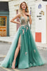 Charger l&#39;image dans la galerie, Paillettes vert A-ligne spaghetti bretelles longue robe de bal avec des appliques de paillettes scintillantes