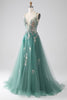 Charger l&#39;image dans la galerie, Paillettes vert A-ligne spaghetti bretelles longue robe de bal avec des appliques de paillettes scintillantes