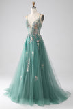 Paillettes vert A-ligne spaghetti bretelles longue robe de bal avec des appliques de paillettes scintillantes
