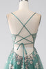 Charger l&#39;image dans la galerie, Robe de soirée longue à bretelles spaghetti trapèze verte avec appliques à paillettes scintillantes
