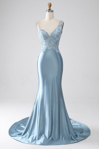 Gris bleu sirène bretelles spaghetti longue robe de soirée perlée avec appliques