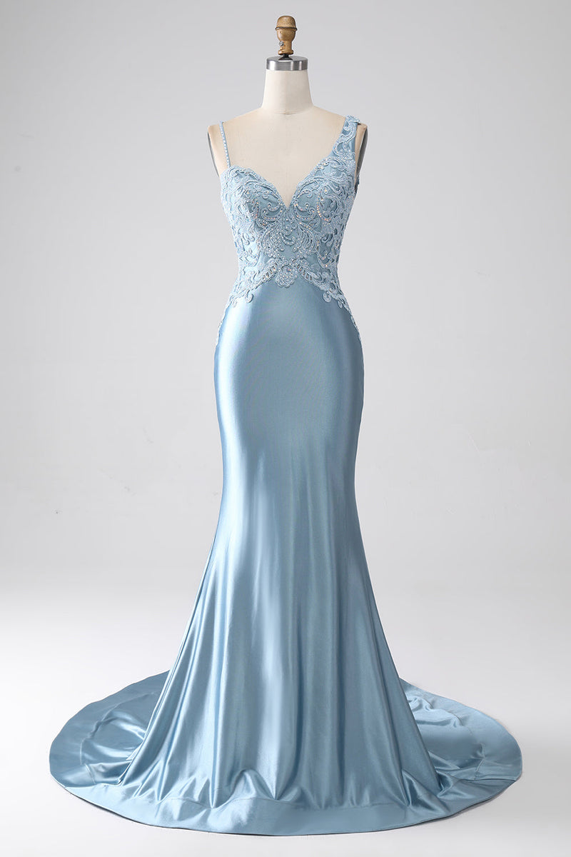 Charger l&#39;image dans la galerie, Gris bleu sirène bretelles spaghetti longue robe de soirée perlée avec appliques