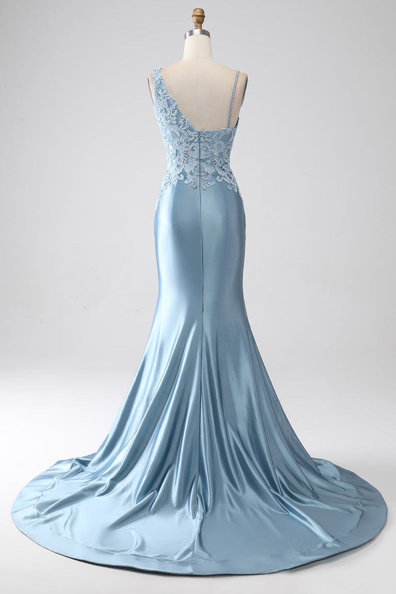 Charger l&#39;image dans la galerie, Gris bleu sirène bretelles spaghetti longue robe de soirée perlée avec appliques