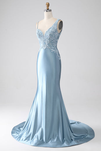Gris bleu sirène bretelles spaghetti longue robe de soirée perlée avec appliques