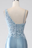 Gris bleu sirène bretelles spaghetti longue robe de soirée perlée avec appliques
