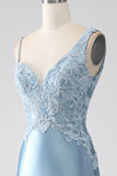 Gris bleu sirène bretelles spaghetti longue robe de soirée perlée avec appliques