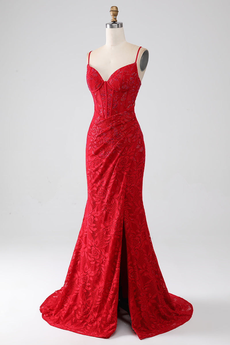 Charger l&#39;image dans la galerie, Sirène rouge Spaghetti bretelles perlé dentelle Applique robe de soirée avec fente