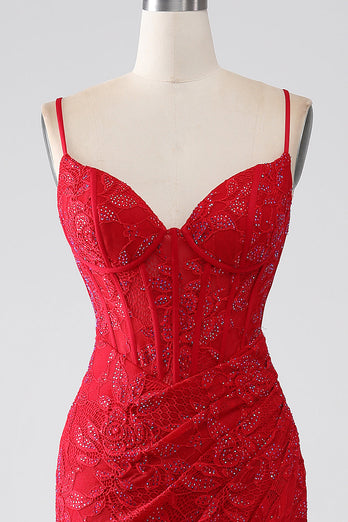 Sirène rouge Spaghetti bretelles perlé dentelle Applique robe de soirée avec fente