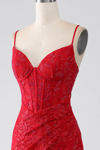 Sirène rouge Spaghetti bretelles perlé dentelle Applique robe de soirée avec fente