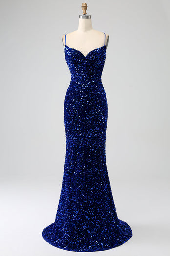 Élégante sirène bleu royal bretelles spaghetti velours sequin longue robe de soirée