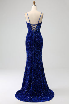 Élégante sirène bleu royal bretelles spaghetti velours sequin longue robe de soirée