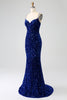 Charger l&#39;image dans la galerie, Élégante sirène bleu royal bretelles spaghetti velours sequin longue robe de soirée