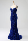 Élégante sirène bleu royal bretelles spaghetti velours sequin longue robe de soirée