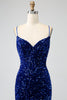 Charger l&#39;image dans la galerie, Élégante sirène bleu royal bretelles spaghetti velours sequin longue robe de soirée
