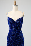 Élégante sirène bleu royal bretelles spaghetti velours sequin longue robe de soirée