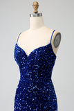 Élégante sirène bleu royal bretelles spaghetti velours sequin longue robe de soirée