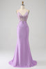 Charger l&#39;image dans la galerie, Sirène tendance bretelles spaghetti lilas longue robe de soirée avec des perles d’appliques