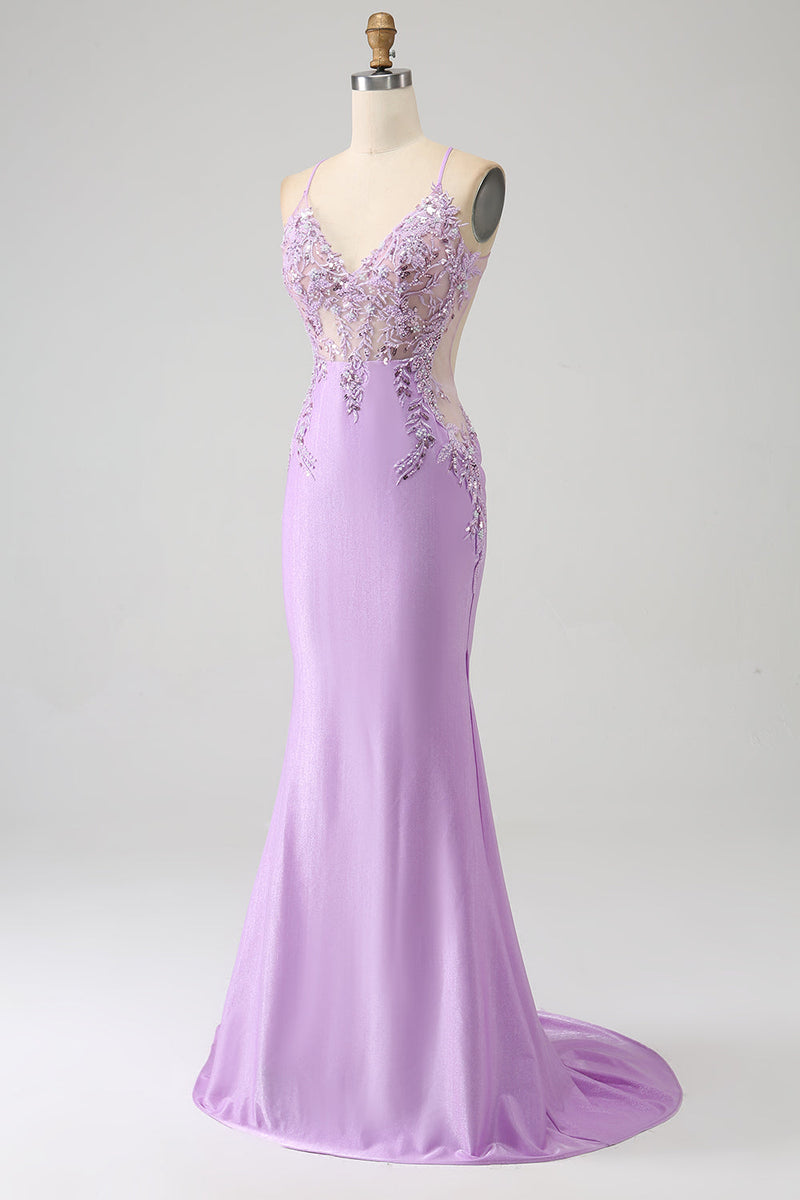 Charger l&#39;image dans la galerie, Sirène tendance bretelles spaghetti lilas longue robe de soirée avec des perles d’appliques