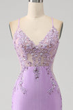 Sirène tendance bretelles spaghetti lilas longue robe de soirée avec des perles d’appliques