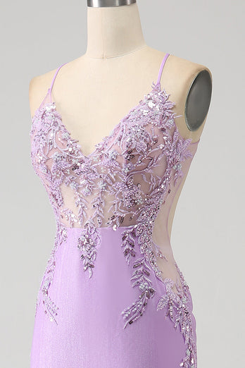 Sirène tendance bretelles spaghetti lilas longue robe de soirée avec des perles d’appliques