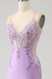 Sirène tendance bretelles spaghetti lilas longue robe de soirée avec des perles d’appliques