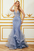Charger l&#39;image dans la galerie, Sirène spaghetti bretelle perlé dos nu gris bleu robe de bal avec des Appliques