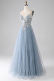 Gris bleu sirène bretelles spaghetti paillettes paillettes longue robe de soirée