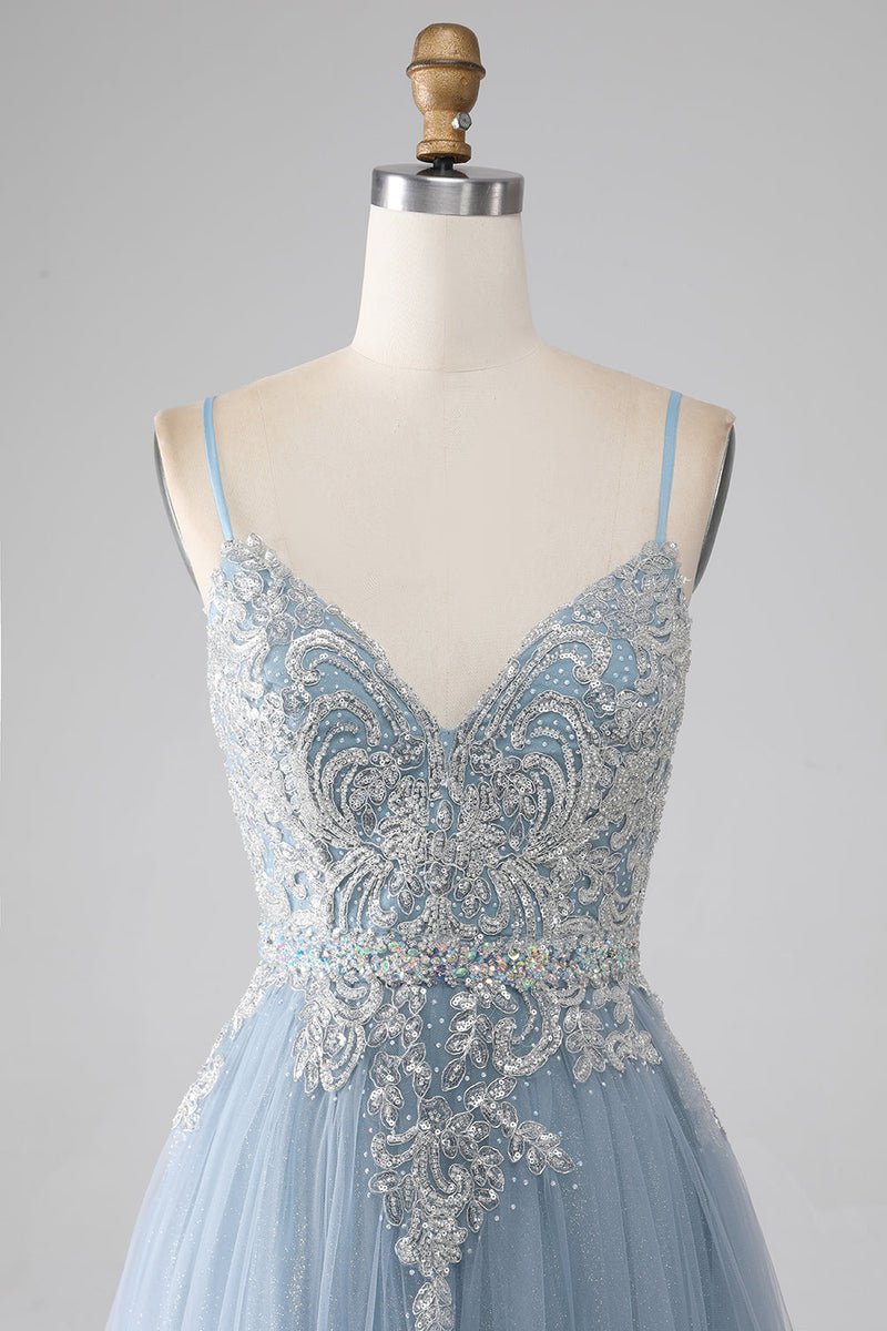 Charger l&#39;image dans la galerie, Gris bleu sirène bretelles spaghetti paillettes paillettes longue robe de soirée
