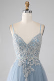 Gris bleu sirène bretelles spaghetti paillettes paillettes longue robe de soirée
