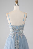 Gris bleu sirène bretelles spaghetti paillettes paillettes longue robe de soirée