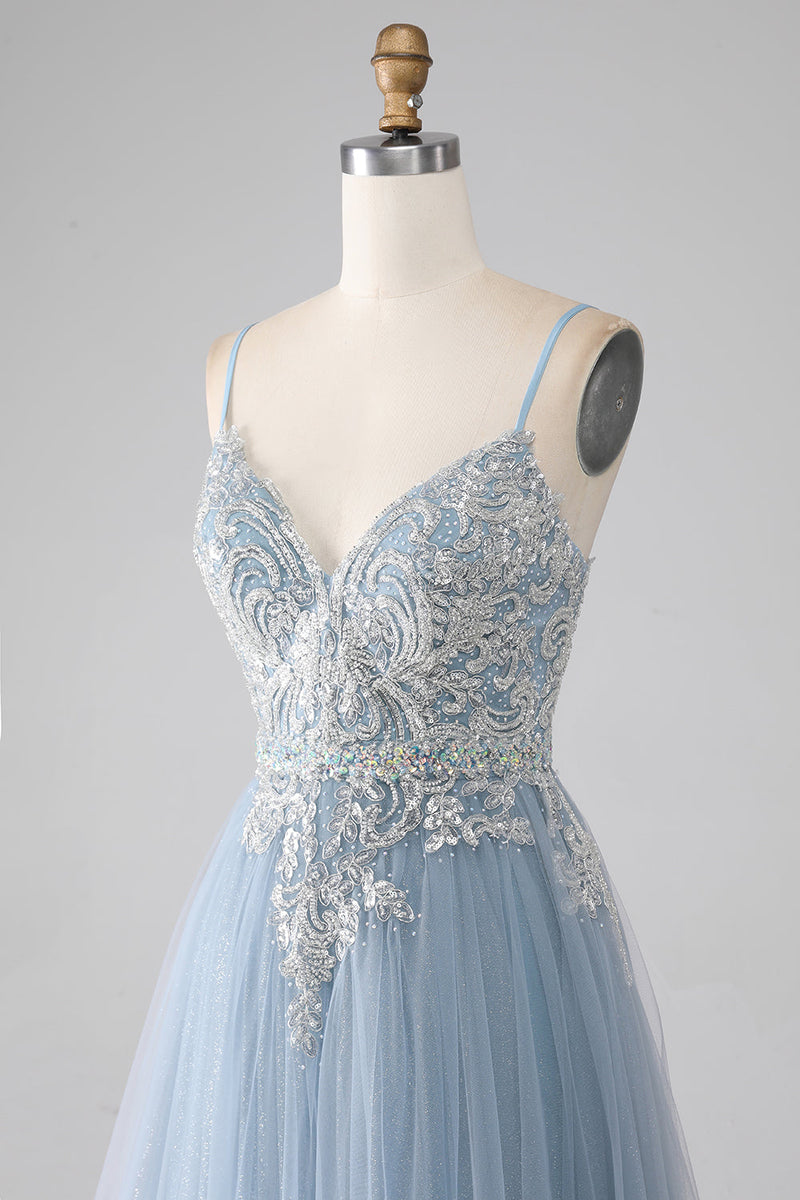 Charger l&#39;image dans la galerie, Gris bleu sirène bretelles spaghetti paillettes paillettes longue robe de soirée